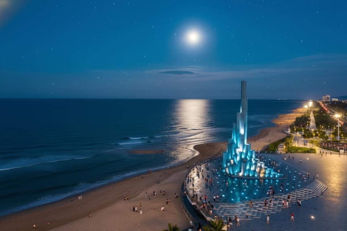 Kh&ocirc;ng gian quảng trường b&aacute;n nguyệt buổi tối.